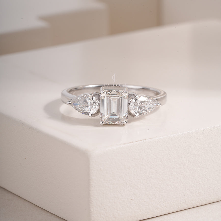 Emerald Cut Moissanite Diamond Engagement Ring, Three Stone Setting with Pear Shape Side Diamonds