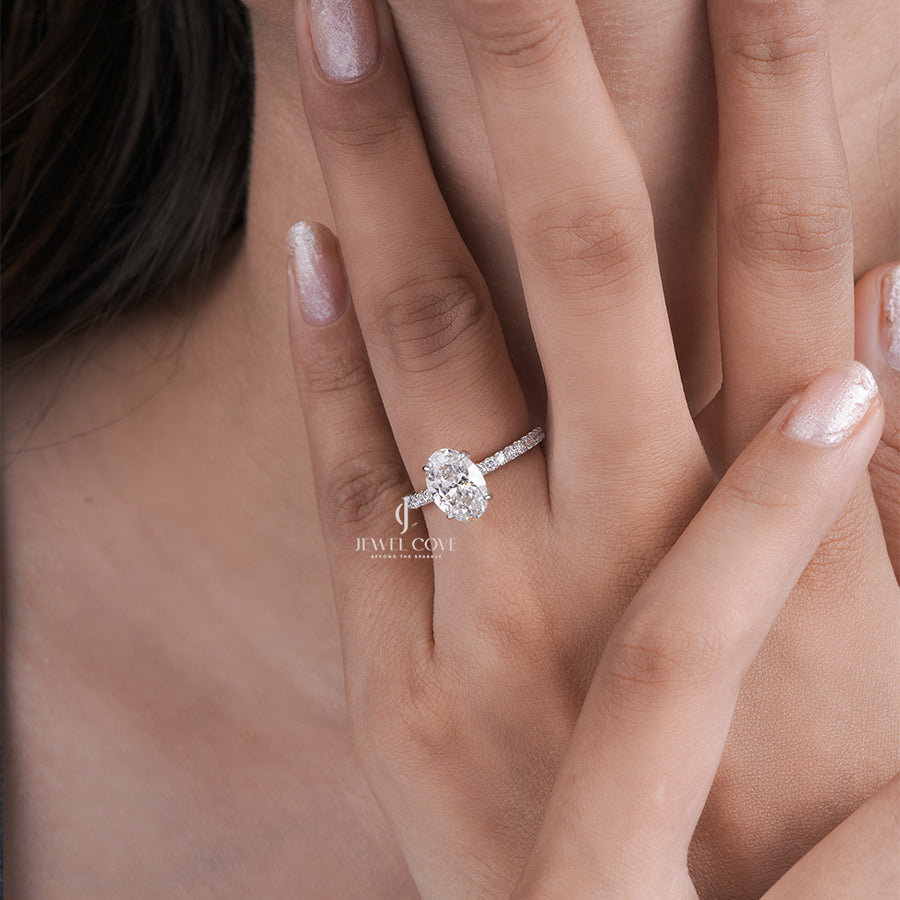 Oval Lab Grown Diamond Engagement Ring with Pave Band in Yellow Gold