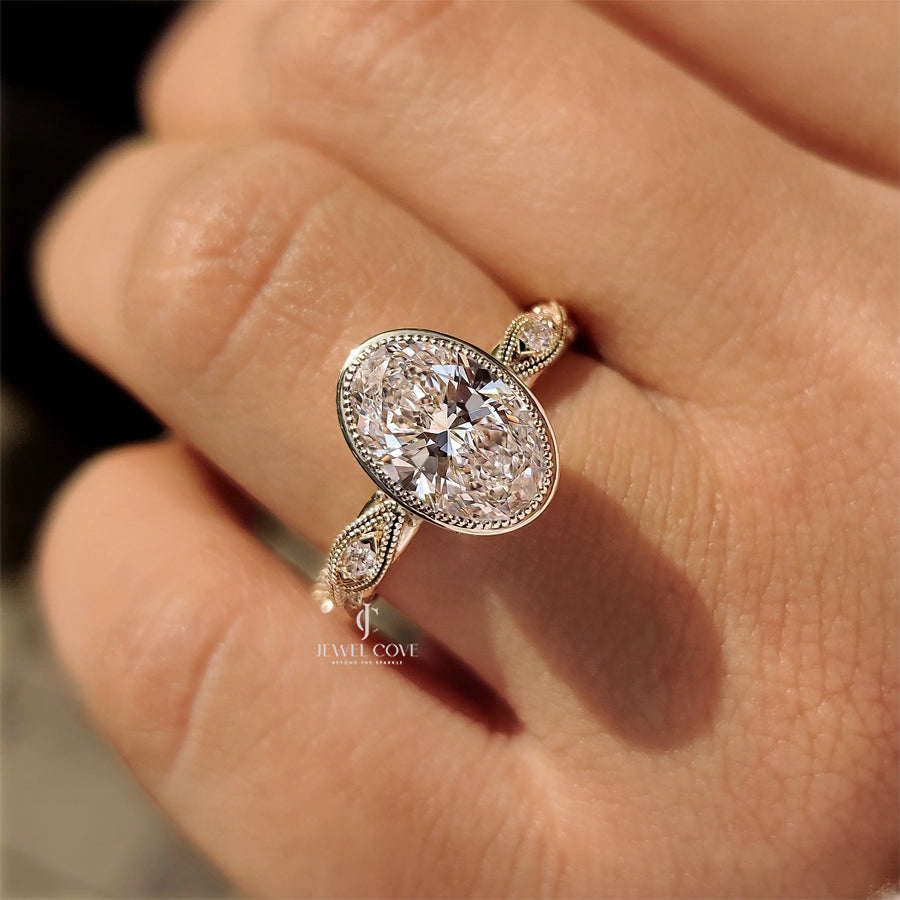 Oval Bezel Engagement Ring with Milgrain | Lab Grown Diamonds | IGI Certified