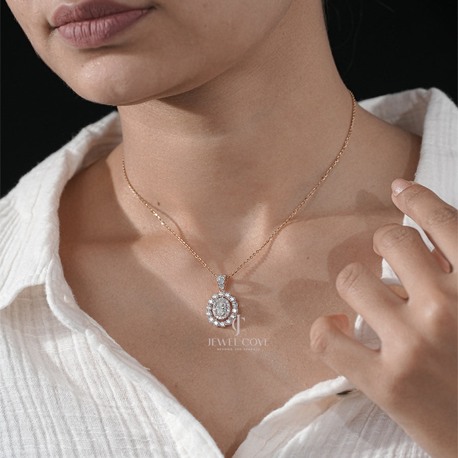 Oval Diamond with Double Halo and Scalloped Diamond Border Pendant (ONLY PENDENT)