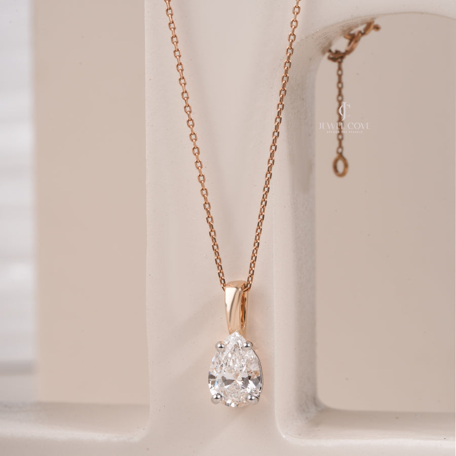 Pear Moissanite Diamond Solitaire Pendant Necklace in Yellow Gold | Classic Fine Jewelry