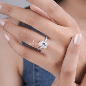 2CT Emerald Moissanite Halo Setting Ring with Pave Band | Engagement Jewelry | IGI Certified