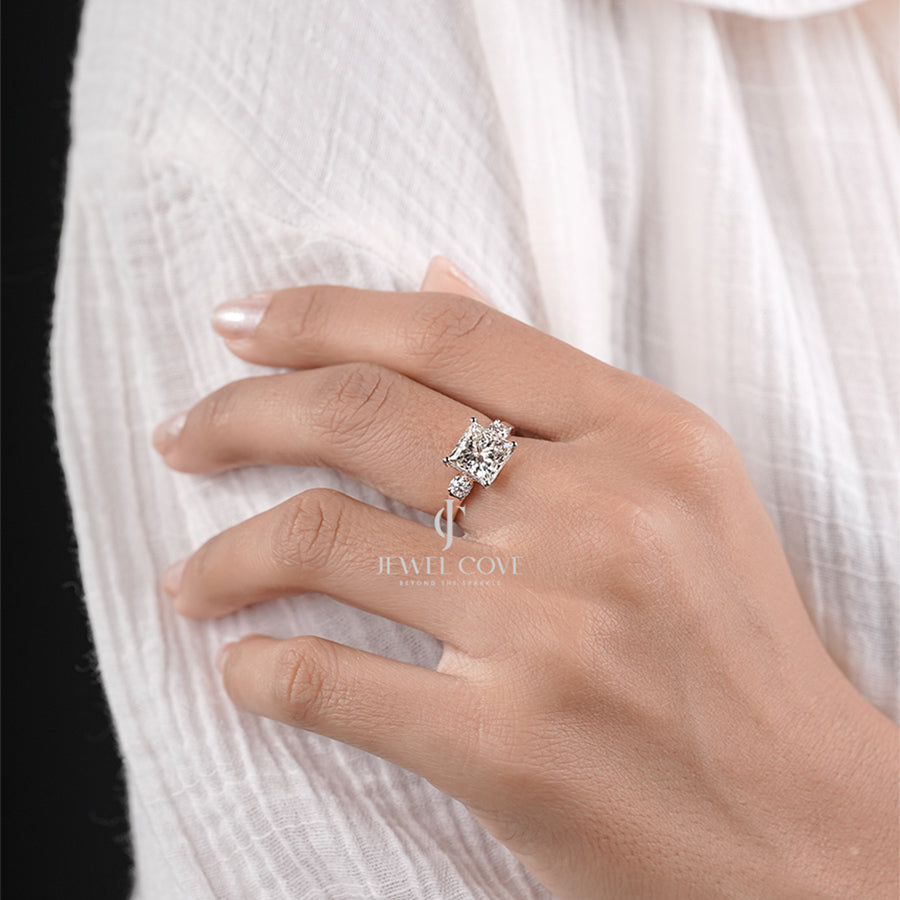 Three-Stone Princess-Cut Diamond with Round Side Diamond Ring