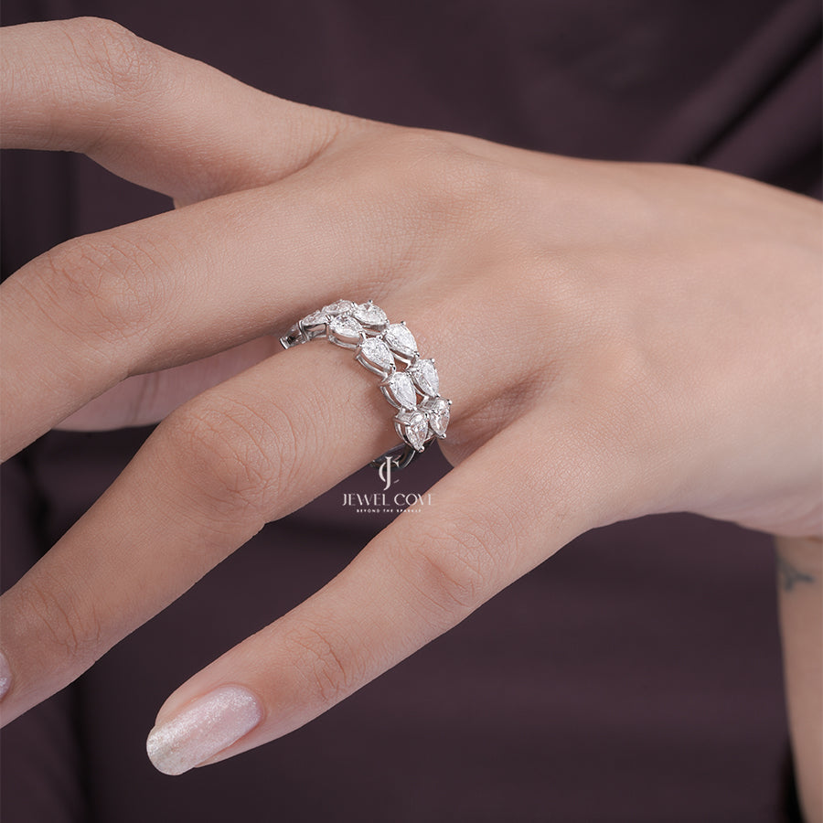 Pear Shape Diamond Half Eternity Ring, Lab Grown Diamonds, White Gold Wedding Band, Pear Cut Stacking Ring