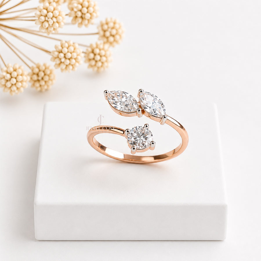 3 Stone Round & Marquise Diamond Ring | 14K Rose Gold | Lab Grown Diamonds | IGI Certified