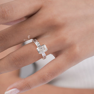 Radiant Moissanite with Baguette Side Stones | IGI Certified | 14K White Gold Eternity Ring
