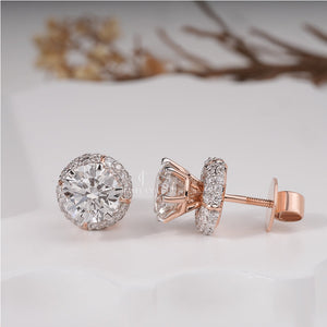 18K Rose Gold Round Moissanite Halo Stud Earrings Earrings | EF Color | VVS-VS Clarity | IGI Certified
