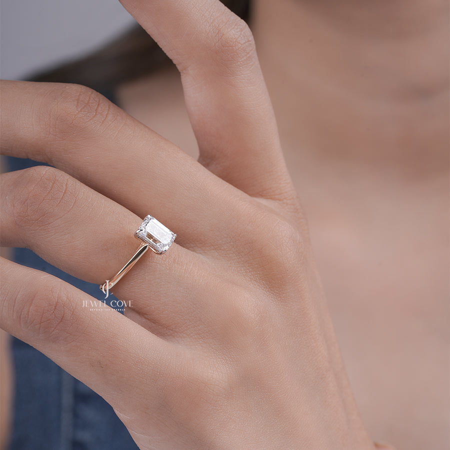 Emerald Moissanite Solitaire Engagement Ring in Yellow Gold Minimalist Bridal Ring