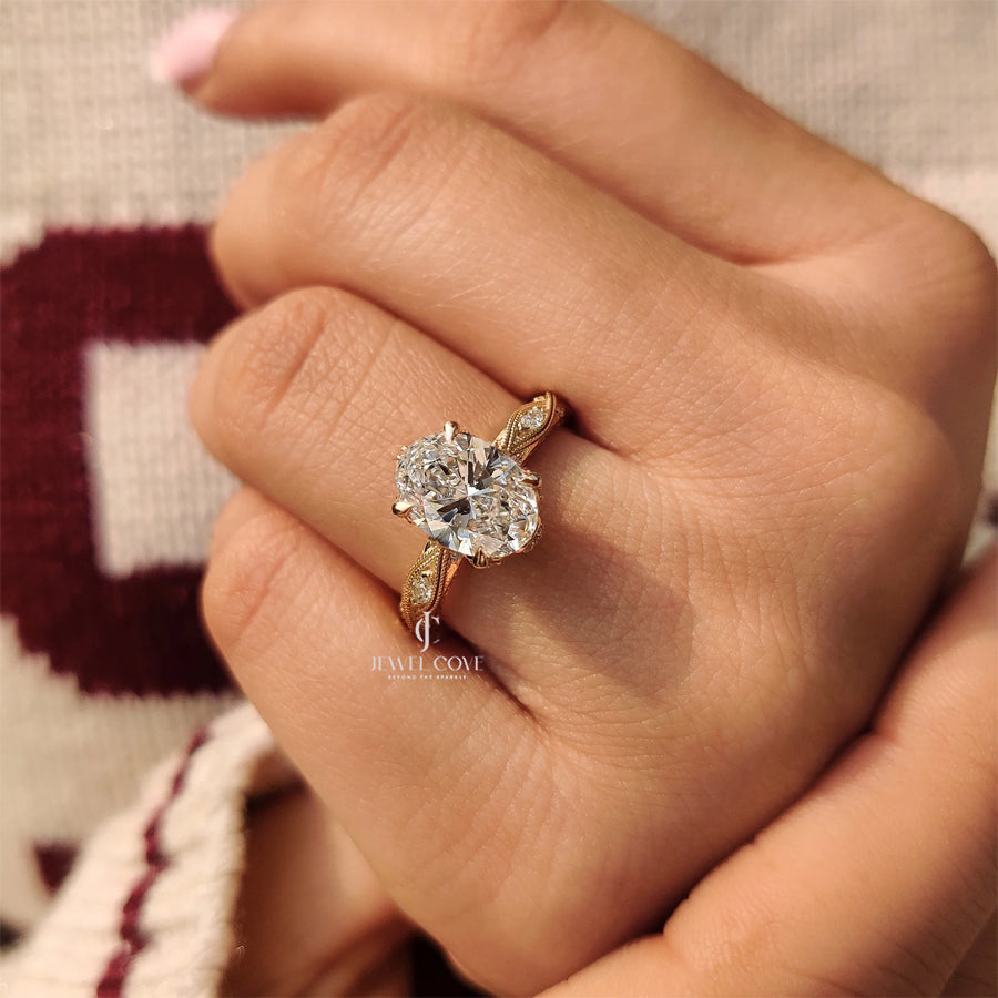 2CT Vintage Art Deco Oval Cut Diamond Ring | Lab Grown Diamonds | IGI Certified