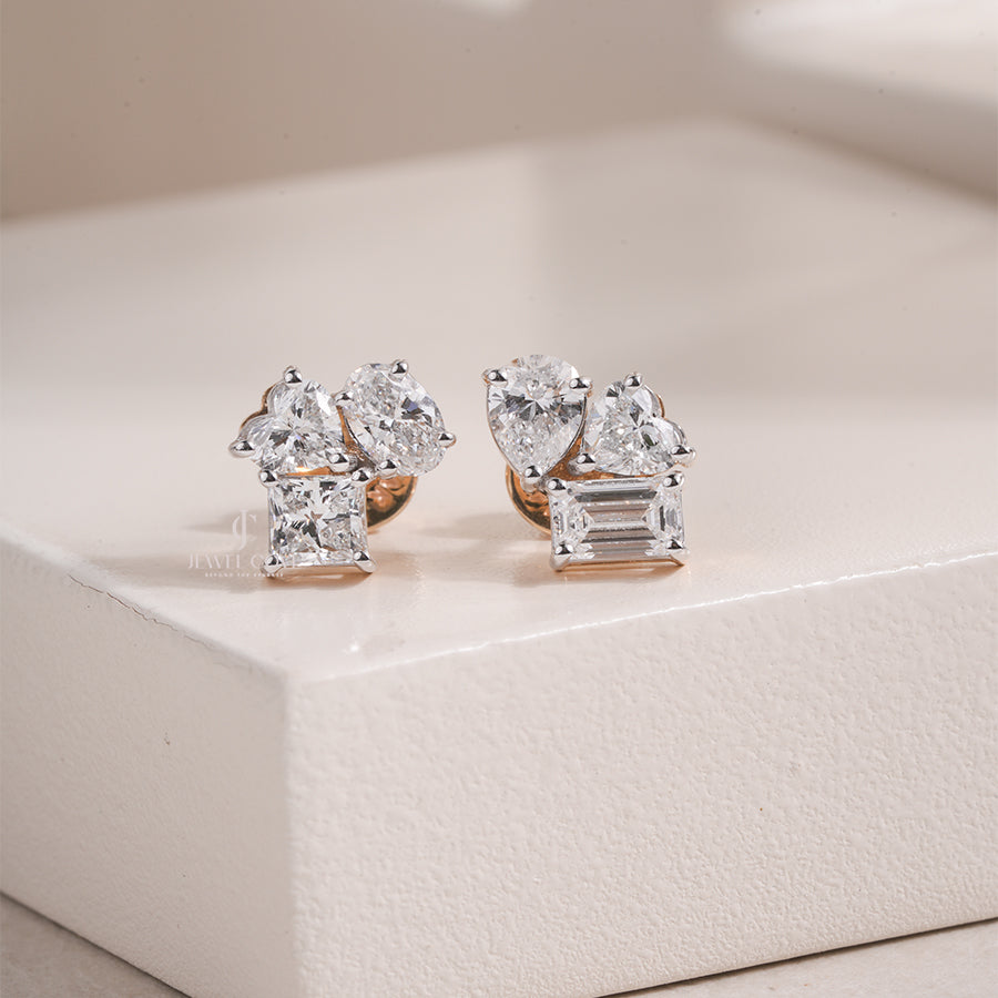 Multi Shape Diamond Stud Earrings with Pear, Heart, and Emerald Cuts