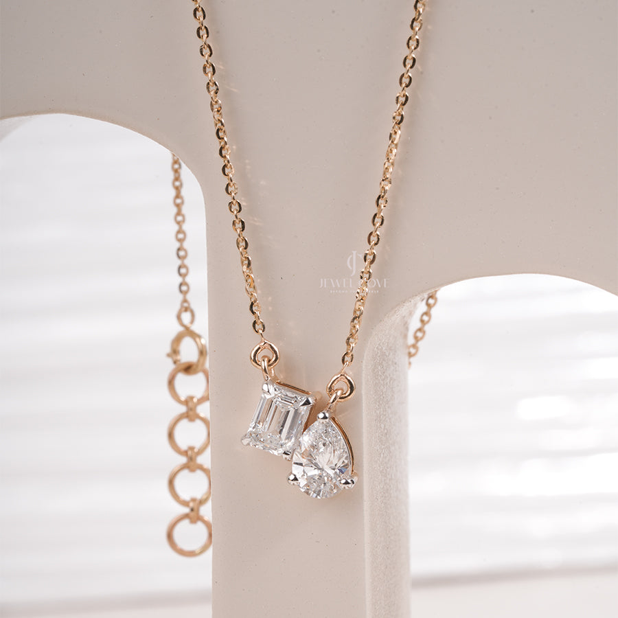 Emerald & Pear Moissanite Diamond Pendant in Yellow Gold, Modern Two Stone Diamond Necklace