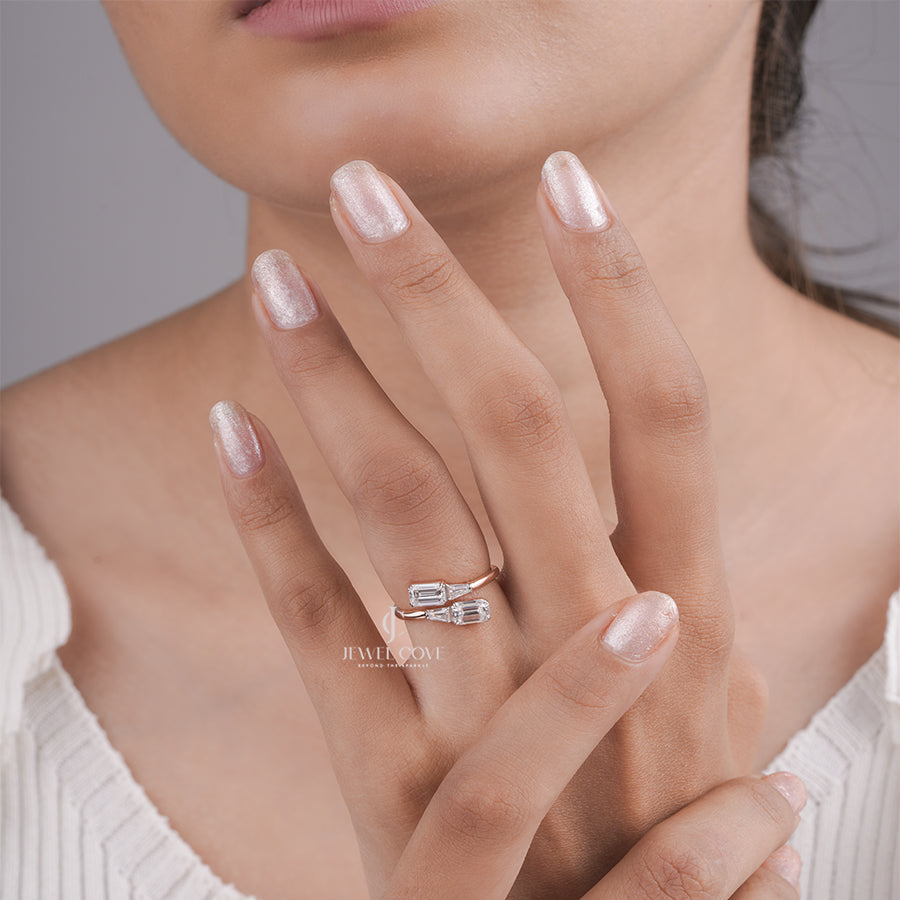 Bypass Moissanite Ring with Emerald-Cut and Tapered Baguette Diamonds, Modern Open-Style Gold Jewelry