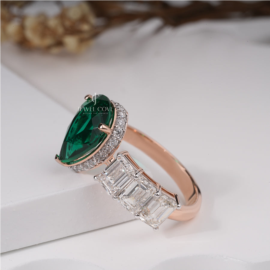 Maurya Pear Emerald Open Living Leaf Side Emerald Wedding Ring