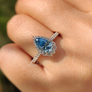 Cyan Blue Pear Diamond Ring In cathedral setting | Moissanite Diamonds | GRA Certified