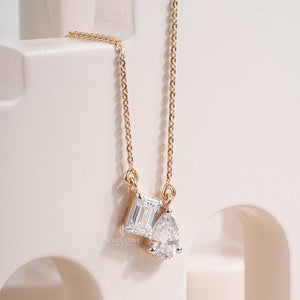 Two Stone Emerald & Pear Moissanite Diamond Solitaire Pendant With Chain | IGI Certified