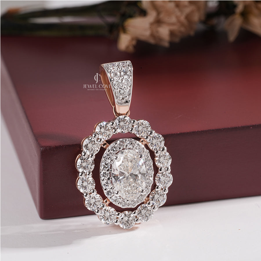 Oval Moissanite Diamond with Double Halo and Scalloped Diamond Border Pendant