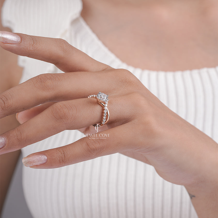 Round Cut Lab Grown Diamond Engagement Ring with Twisted Pave Band and Four-Prong Setting