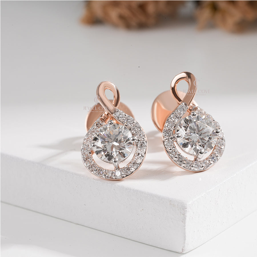 1.47CTW Round Fancy Style Lab Grown Stud Earrings | Rose Gold | EF Color | VVS-VS Clarity | IGI Certified