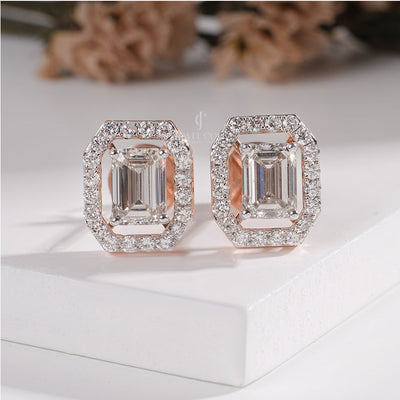 Brilliant Halo Emerald Diamond Stud Earrings with side round diamond