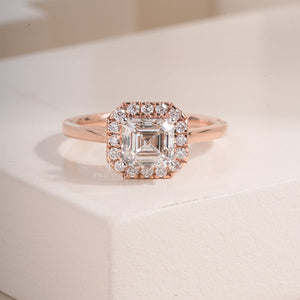 Asscher Halo Moissanite Solitaire Ring | IGI Certified | E-F Color | VVS- VS Clarity