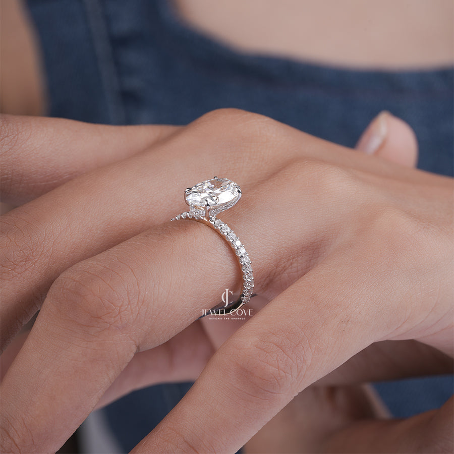 Oval Moissanite Diamond Engagement Ring with Pave Band in Yellow Gold