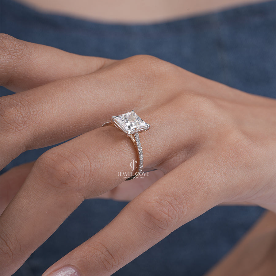 Princess Lab Diamond Engagement Ring with Pave Band in Yellow Gold, Classic Solitaire Fine Jewelry