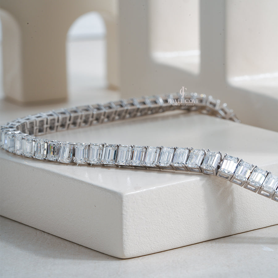 Emerald Cut Moissanite Diamond Tennis Bracelet with Full Prong Setting, Brilliant Line Tennis Bracelet