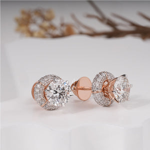 18K Rose Gold Round Lab Diamond Halo Stud Earrings Earrings | EF Color | VVS-VS Clarity | IGI Certified