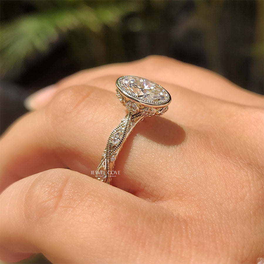 Oval Bezel Engagement Ring with Milgrain | Lab Grown Diamonds | IGI Certified