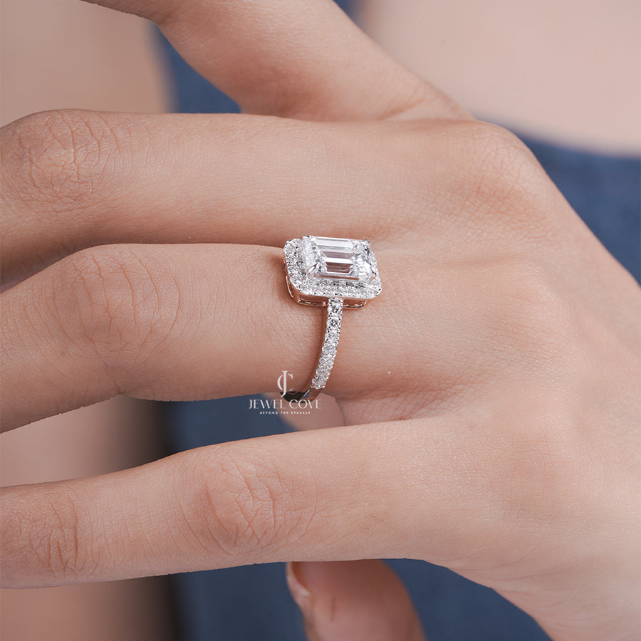 Classic Emerald Lab Grown Diamond Halo Ring with Pave Band | Engagement Jewelry