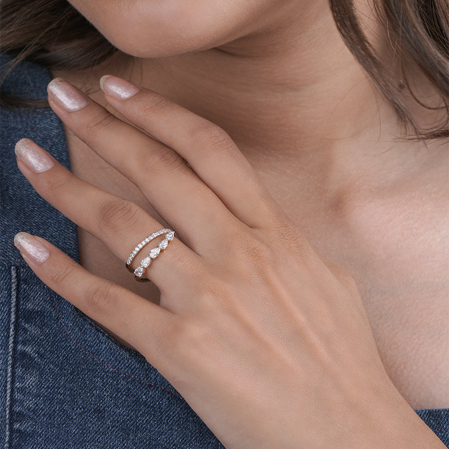 Pear Cut Lab Grown Elegant Yellow Gold Stackable Ring Diamonds and Slim Pave Band