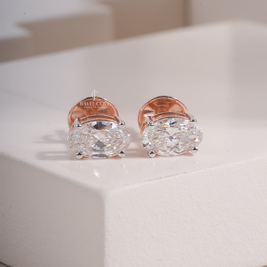 Rose Gold Oval Moissanite Diamond Studs – Elegant Oval Cut Solitaire Earrings for Daily Wear