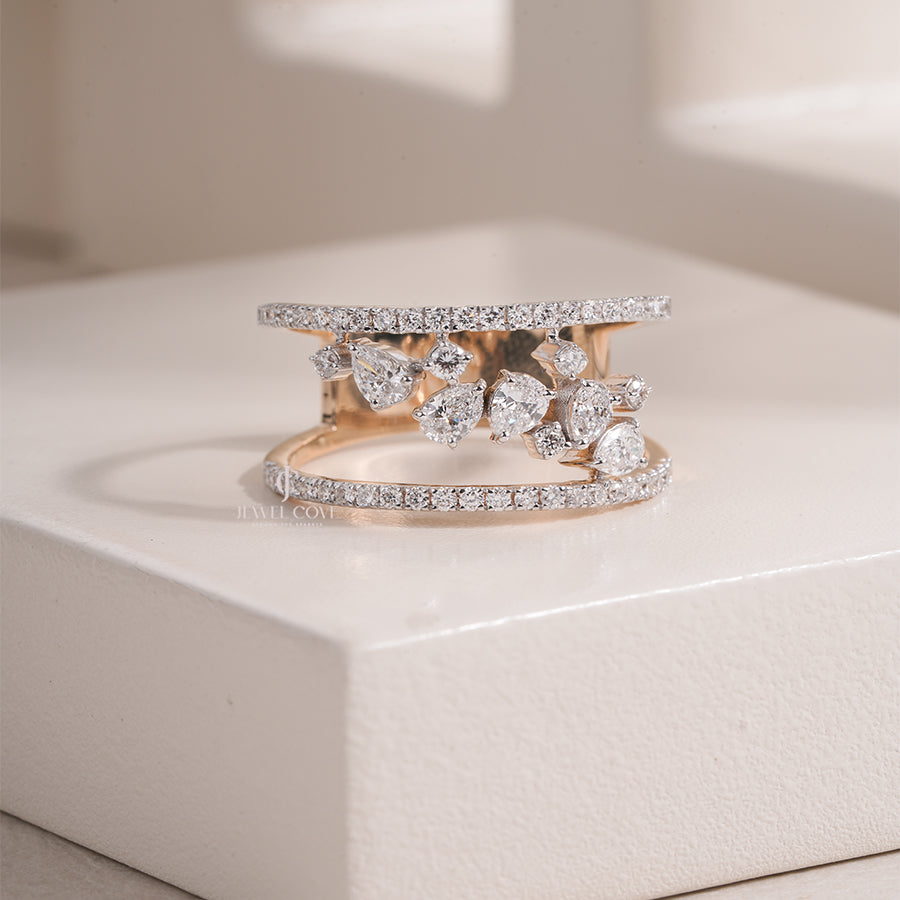 Open Cuff Lab Grown Diamond Ring with Pear and Round Cut Diamonds in Yellow Gold