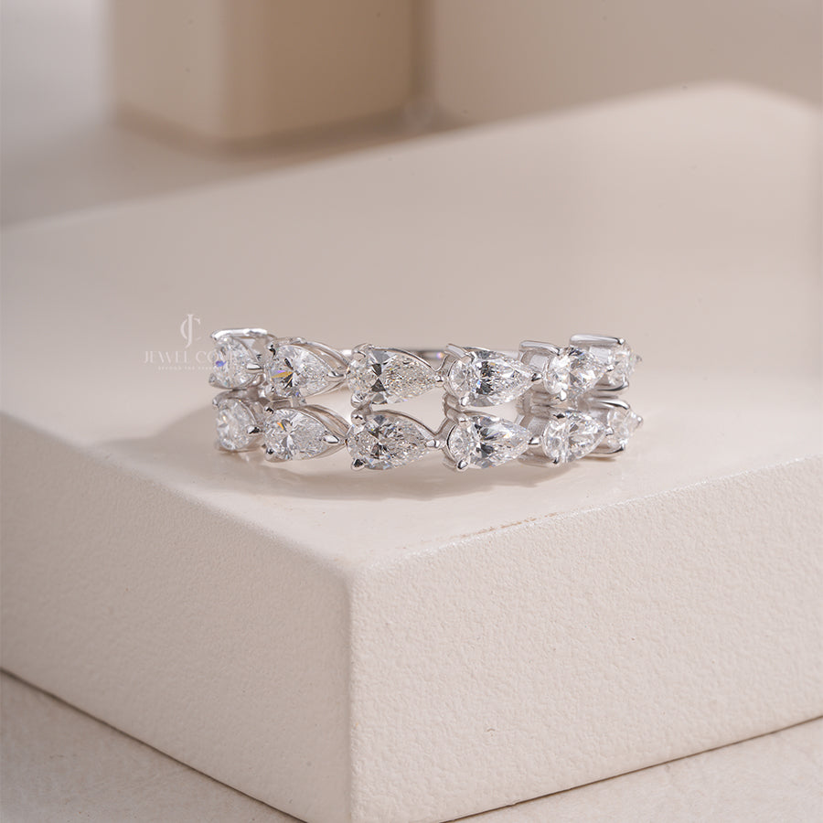 Pear Shape Diamond Half Eternity Ring, Moissanite Diamonds, White Gold Wedding Band, Pear Cut Stacking Ring