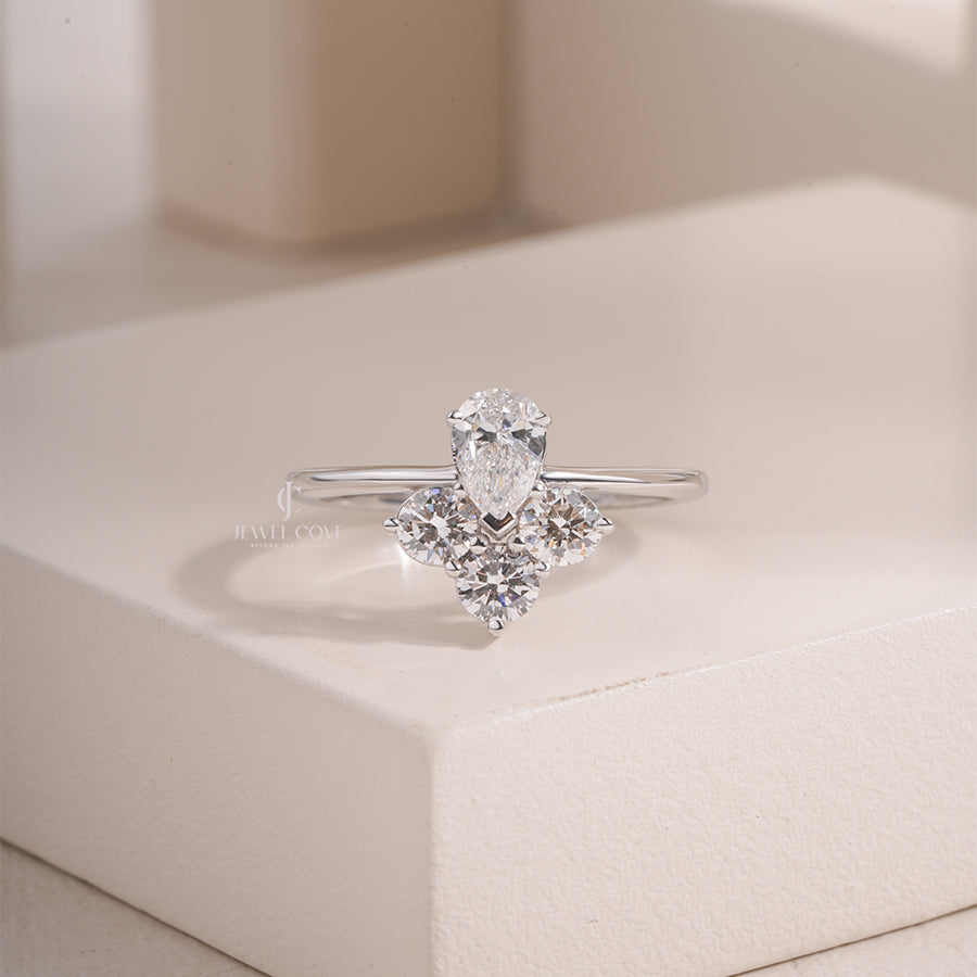 Pear Shape Lab Grown Diamond  Engagement Ring, Pear Cut Center with Round Side Stones