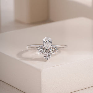 Pear & Round Side Stones Solitaire Ring | Lab Grown Diamond | 14K White Gold Eternity Ring | IGI Certified