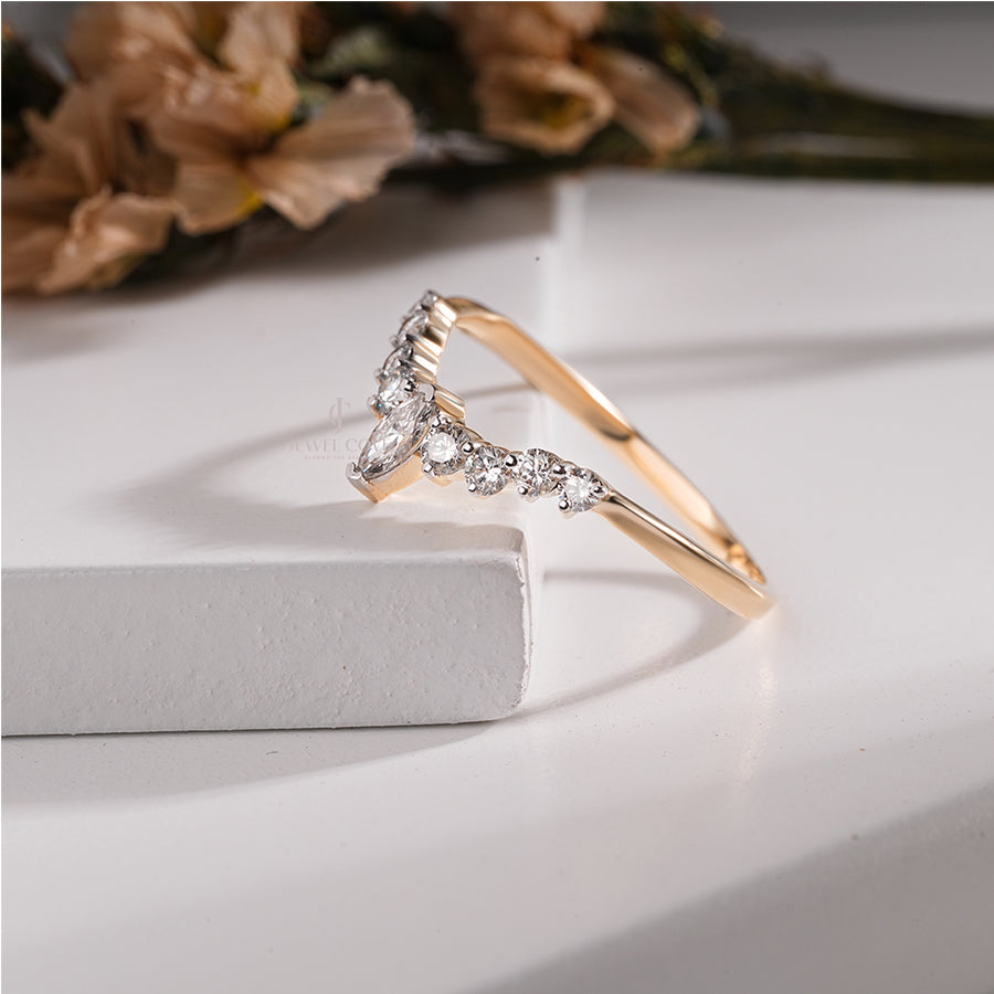 Elegant Marquise V-Shape Ring with Round Accents Engagement Band