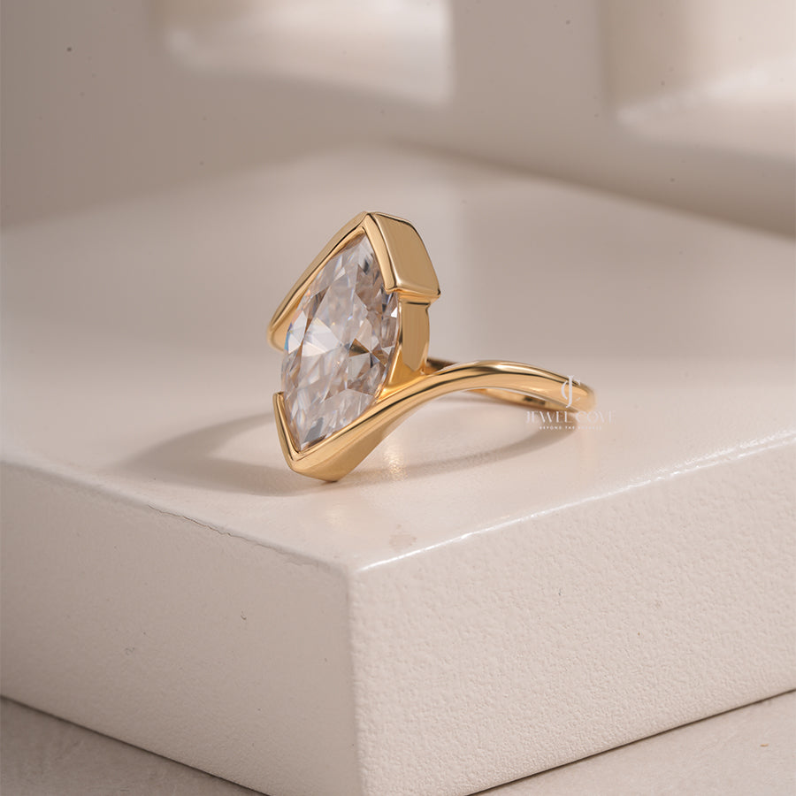 Marquise Cut Moissanite Diamond Solitaire Ring with Unique V-Shaped Setting 18K Gold Ring