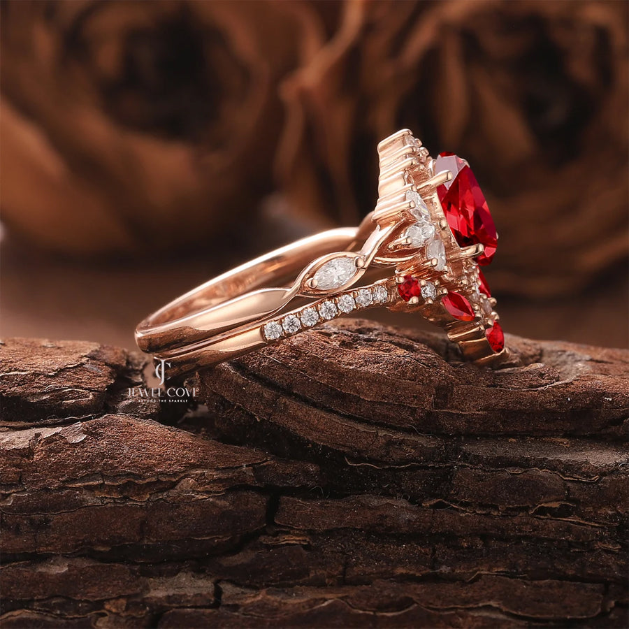 Art Deco Oval Shaped Ruby Gemstone Cluster Bridal Set Rings | Moissanite Diamonds | GRA Certified