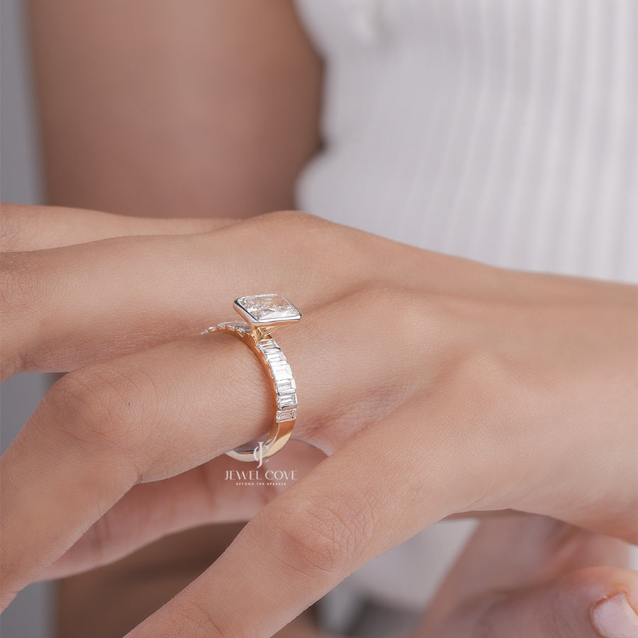 Radiant Lab Grown Diamond Engagement Ring with Baguette Side Stones