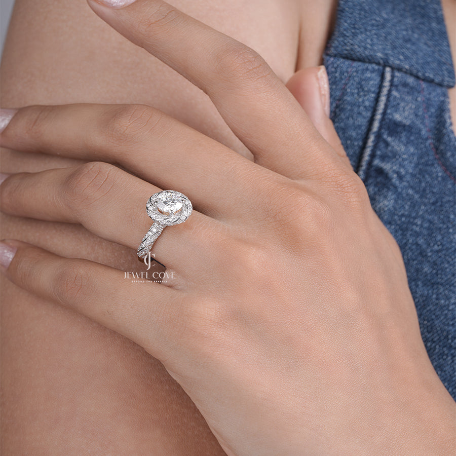 Round Cut Lab Grown Diamond Ring with Elegant Swirl Halo and Pave Diamond Band