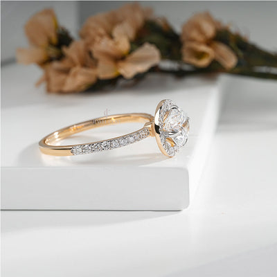 Round Halo Diamond Engagement Ring in Classic Solitaire with Pave Band