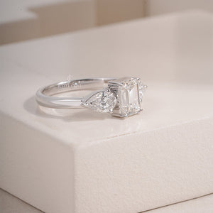 Three Stone Emerald & Pear Lab Solitaire Ring | 14K White Gold Eternity Ring | IGI Certified