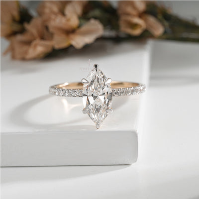 Marquise Diamond Engagement Ring with Pavé Band – Elegant Gold Solitaire