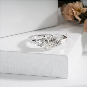 Three Stone Pear & Round Moissanite Ring | E-F Color | VVS- VS Clarity | IGI Certified