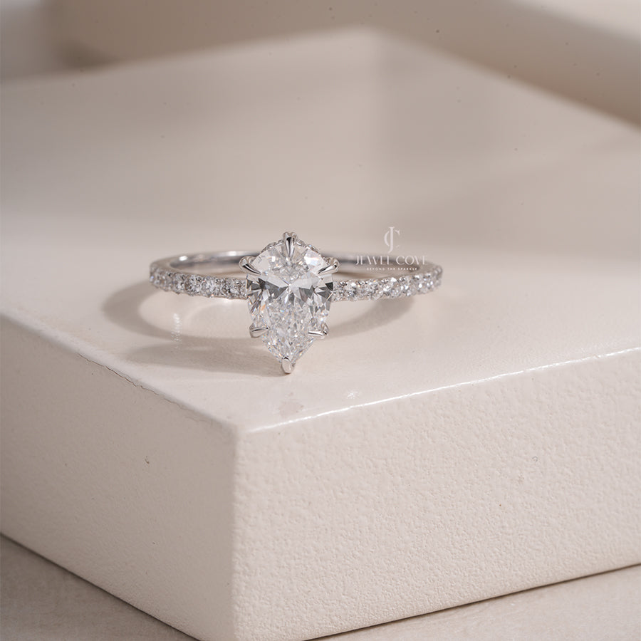 Pear Cut Lab Grown Diamond Ring with Pave Band Elegant Bridal Jewelry