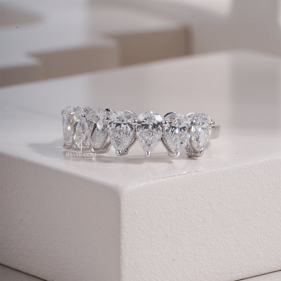 Pear Cut Multi-Stone Moissanite Diamond Band in White Gold – Elegant Pear Shape Cluster Ring, Sparkling Anniversary