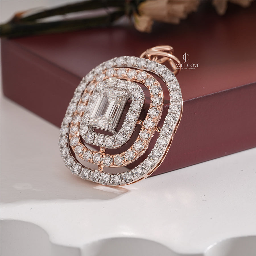 Statement Emerald Moissanite Diamond Pendant Necklace with Multi-Layered Halo