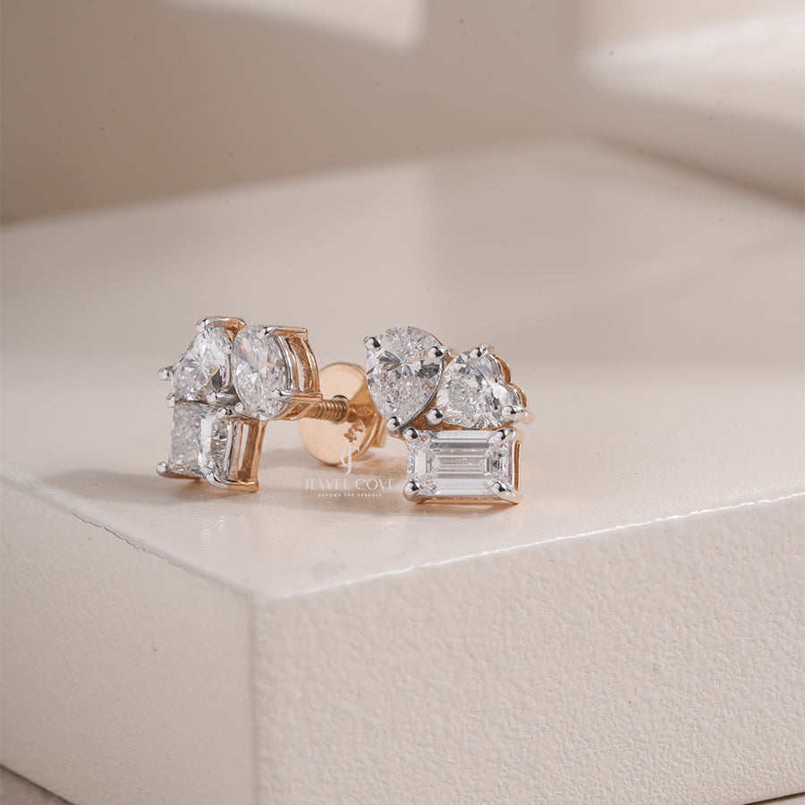 Multi Shape Diamond Stud Earrings with Pear, Heart, and Emerald Cuts