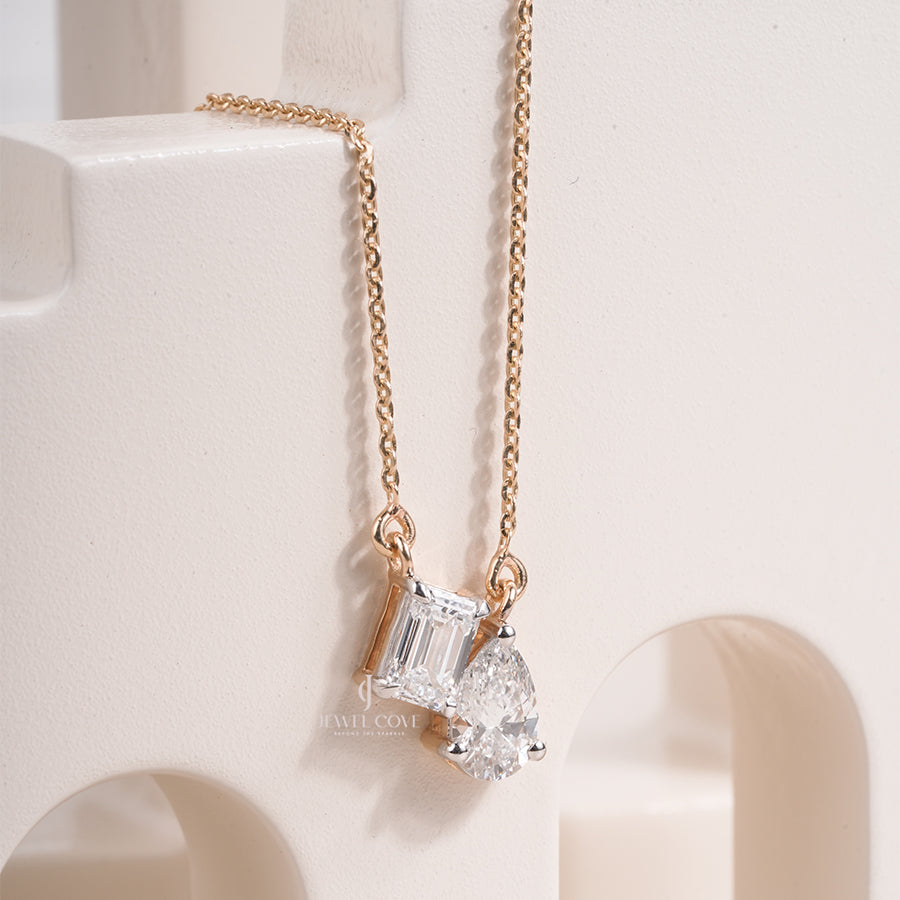 Emerald & Pear Lab Grown Diamond Pendant in Yellow Gold, Modern Two Stone Diamond Necklace